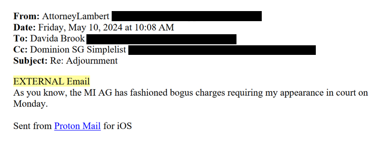 Interesting back-and-forth in federal court today between Dominion attorneys + lawyer Stefanie Lambert. Lambert was supposed to represent Patrick Byrne in a court hearing Monday but now she is apparently being arraigned Monday on new charges brought by AG Dana Nessel.