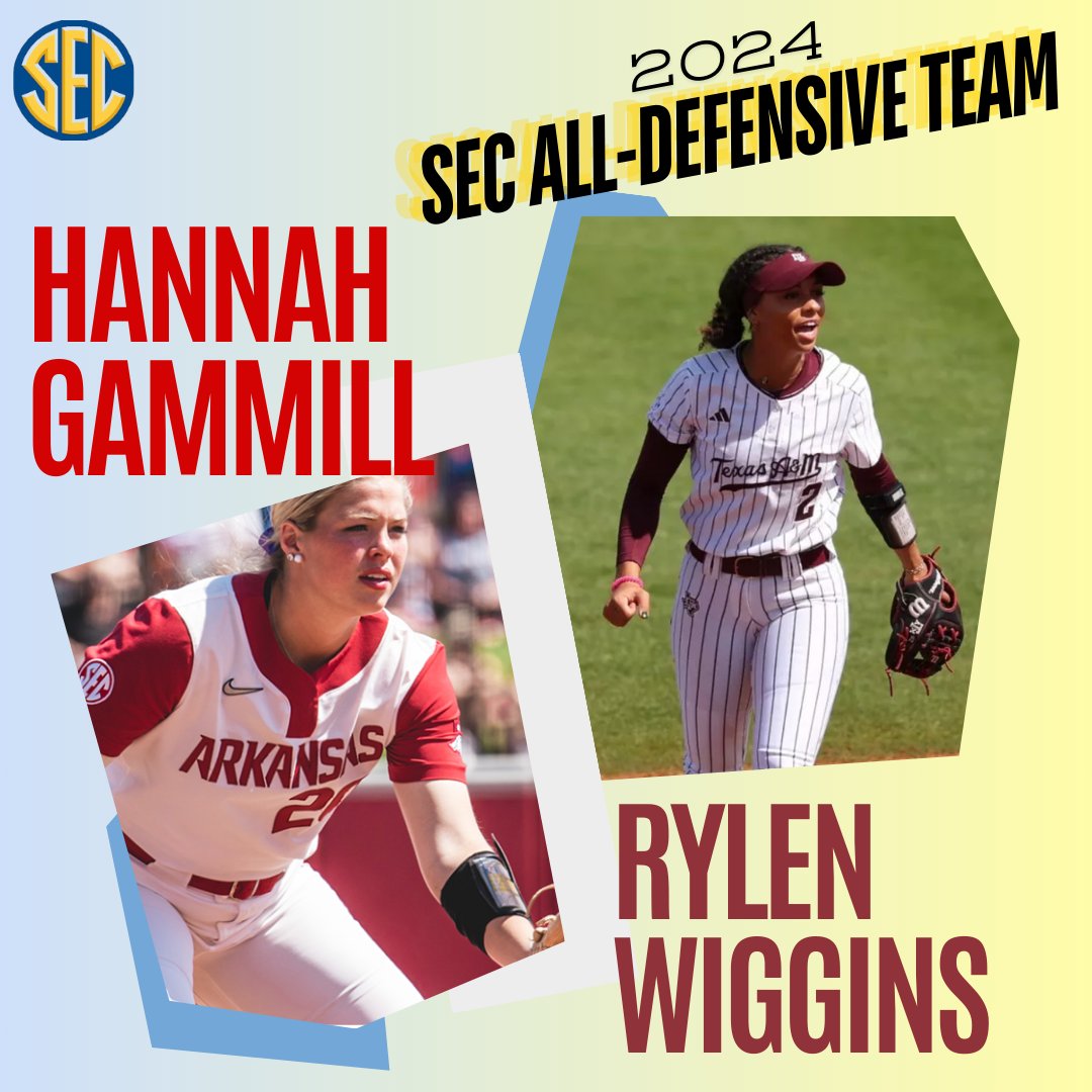 Arkansas' Hannah Gammill ('20, Beebe AR) and Texas A&M's Rylen Wiggins ('20, Wylie) make the 2024 SEC All-Defensive Team. secsports.com/news/2024/05/2… @TexasGlory @razorbacksb @AggieSoftball @SEC_Softball #ncaasoftball #faspitch