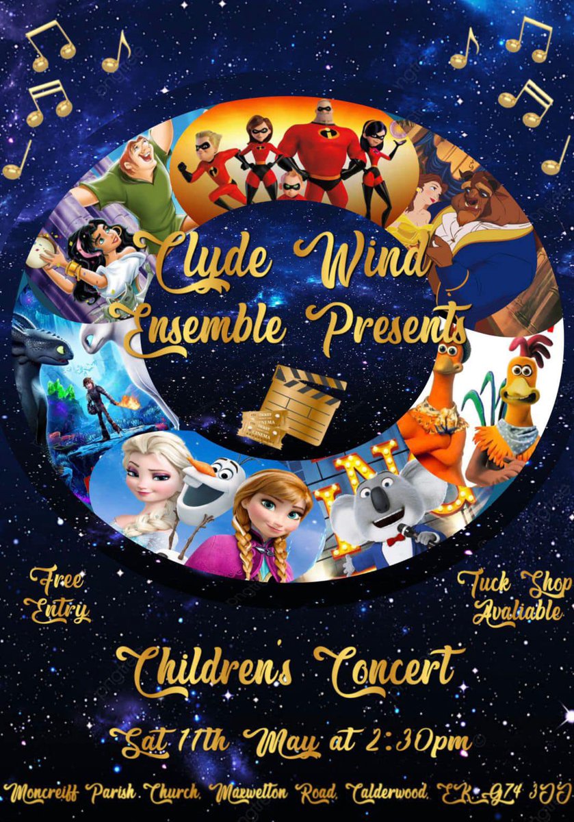 Cwe_Music's tweet image. Reminder of our free children’s concert tomorrow! 🎉🎬🎷🪗🥁

Featuring music from:

Frozen
How to Train your Dragon
Chicken Run
Beauty and the Beast
Hunchback
The Incredibles
Sing
and more!

Saturday 11th May 
Moncrieff Parish Church East Kilbride
2.30pm 
Tuck shop (cash only!
