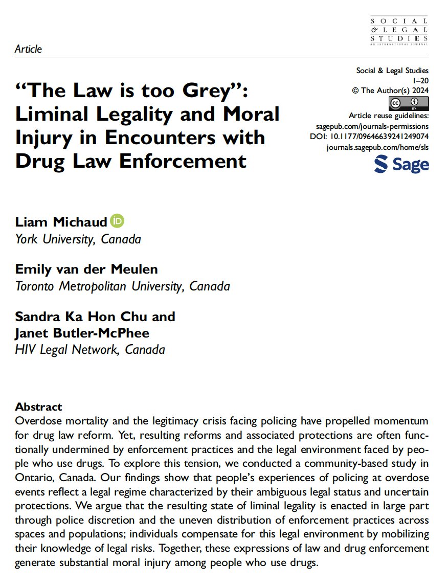 From the gutting of drug decrim in BC to the Good Samaritan law—piecemeal drug law reforms that don’t address actual sources of harm (criminalization, prohibition) create and sustain harms. Paper with EVDM, SKHC and JBM as part of @HIVlegal study in @SLS_Journal. 1/11
