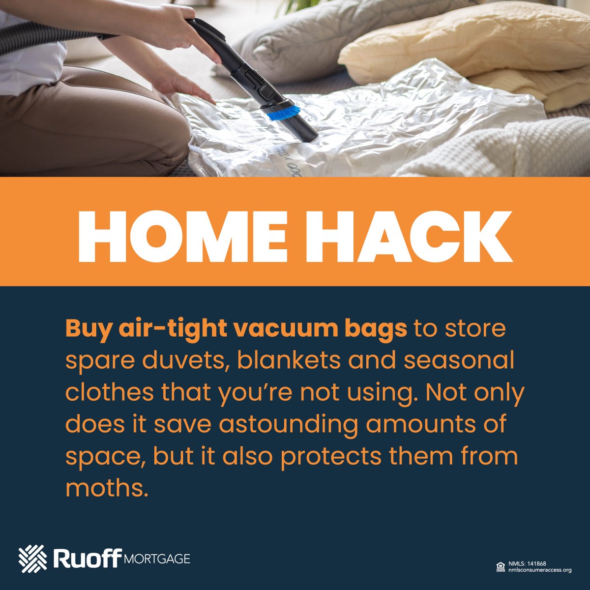 RuoffMortgage's tweet image. Running out of closet space? Try this trick: vacuum bags for spare clothes and blankets! 👗 #StorageSolutions #SpaceMaximization