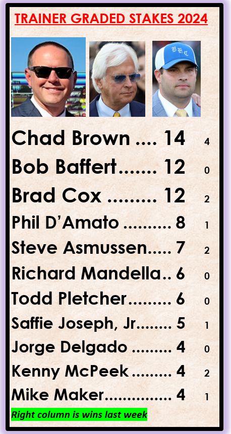 Trainer Graded Stakes '24 Chad Brown surges to the top spot thru Derby Day Weekend.
