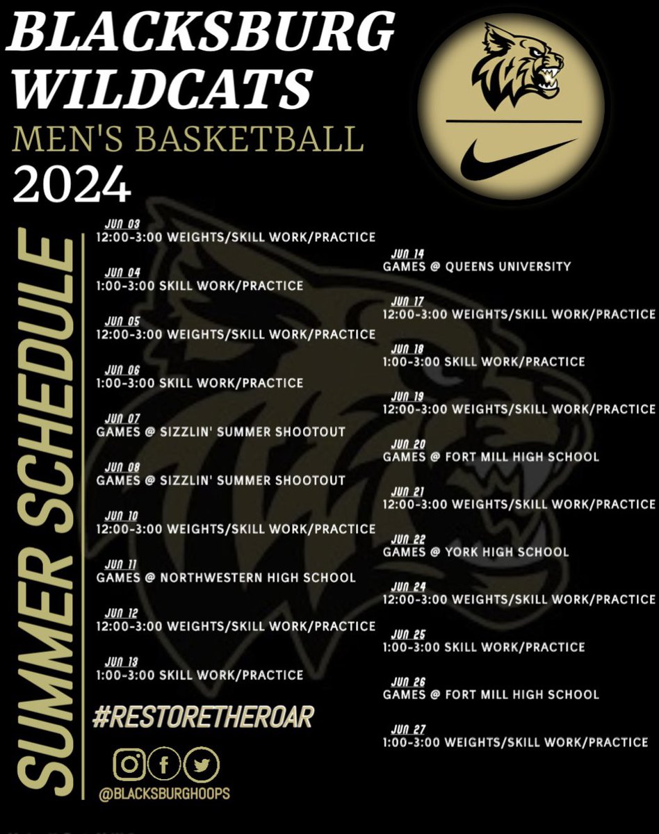 The official 2024 Blacksburg Wildcats Men’s Basketball Summer Schedule has released! The countdown to June has begun! It’s time to work Cats! 
#RestoreTheRoar #TheWildcatWay #EarnedNotGiven 🐾
