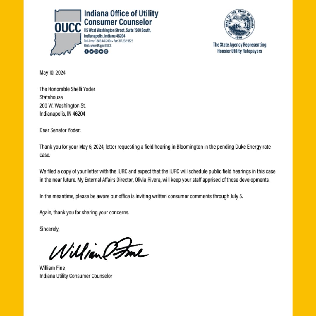 Duke wants to raise electricity rates + increase bills by 33%. I wrote to the IOUCC with Rep. Pierce requesting a field hearing in Bloomington so Monroe County residents can make their voices heard on this proposal. Stay tuned for ways to share your opinion on this rate hike!