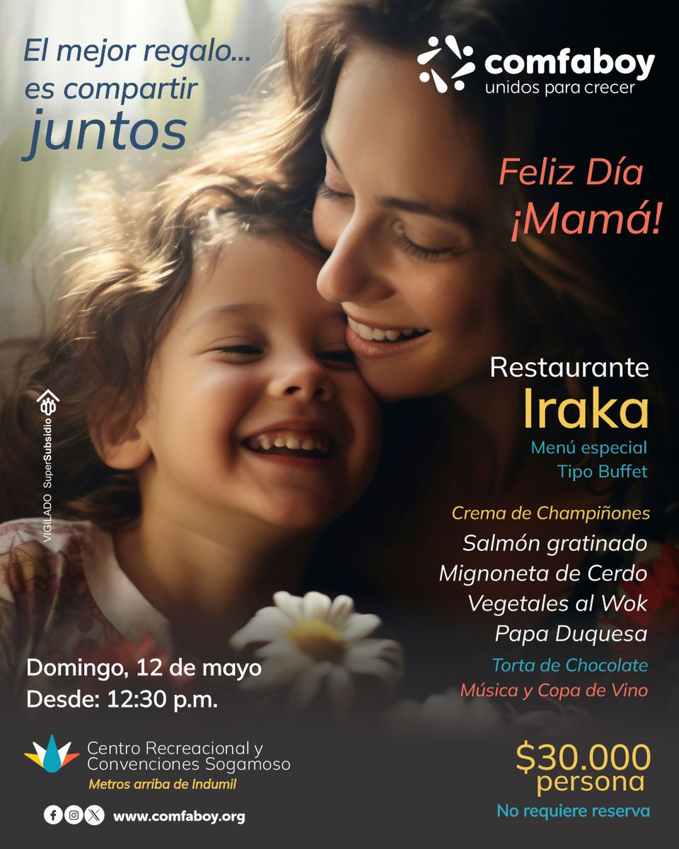 Este 12 de mayo sorprende a mamá con una invitación especial. El Centro Recreacional de Sogamoso tiene todo para hacer de este día, la mejor experiencia, almuerzo tipo buffet, músicay la mejor atención, no requieres reserva. Te esperamos en Sogamoso, metros arriba de Indumil