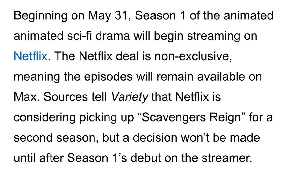 AwestruckVox's tweet photo. Scavenger’s Reign WAS cancelled by Max

Netflix is considering moving forward with season 2, if it does well when it drops on there at the end of May.

We NEED to have this show blow the fuck up when it hits Netflix on May 31st. I really do think it’s possible. Golden opportunity https://t.co/14OXklHT0a