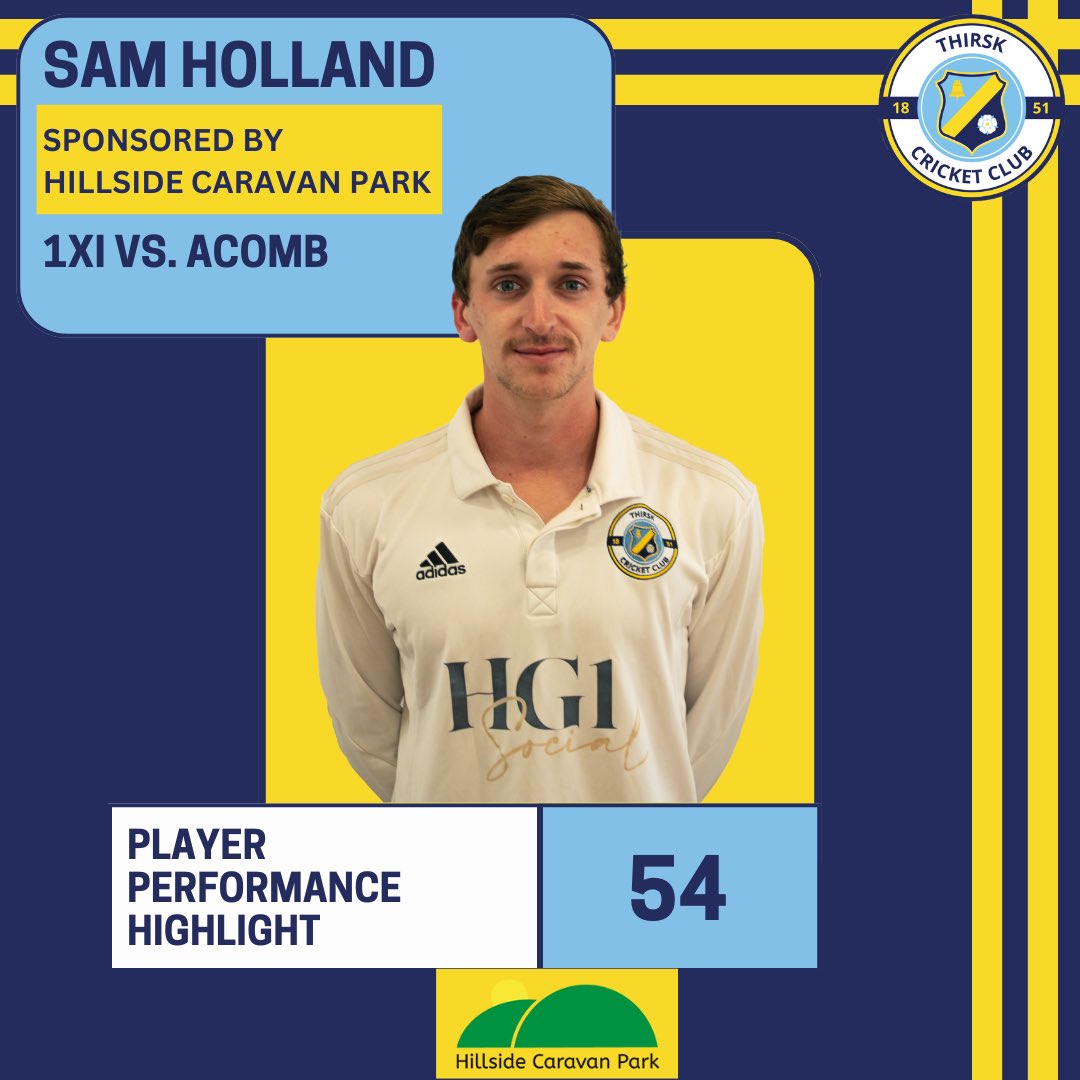 Time for a highlight from last weekend. Sam Holland (sponsored by @HillsideCaravan ) once again smashed it out the park by taking 54 runs! #wearethirsk #thirskcc #yorkshirecricket #cricket