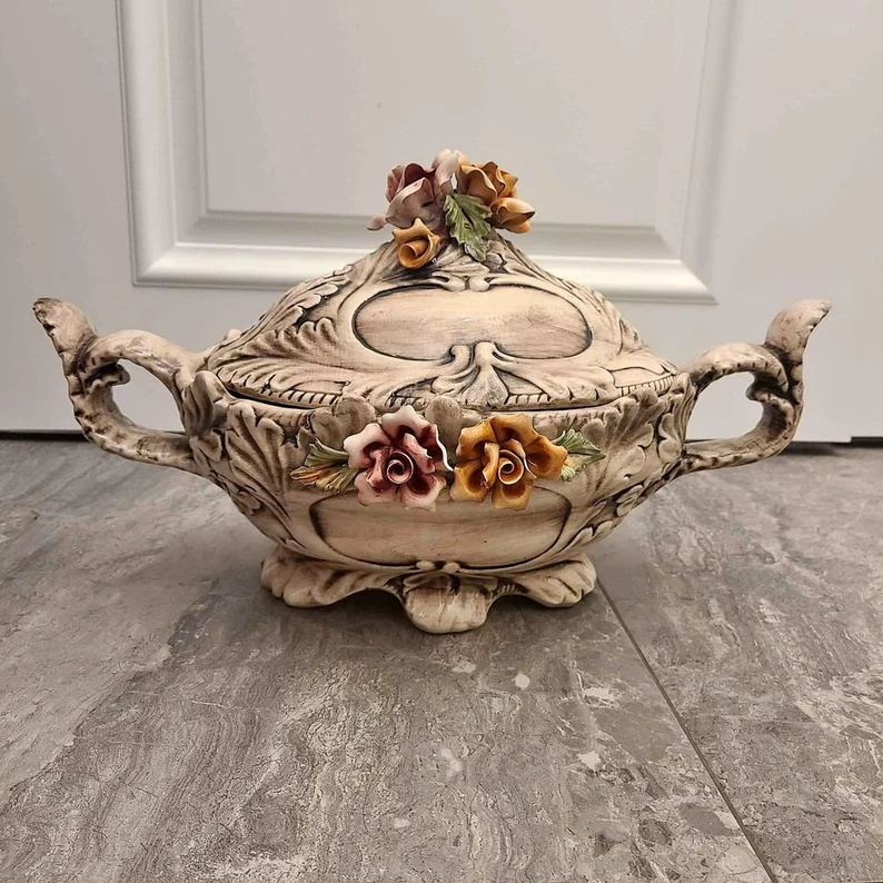 Antique Capodimonte Double Handle Italian Porcelain Tureen Centerpiece -1940's etsy.me/3WUpzXB via @Etsy