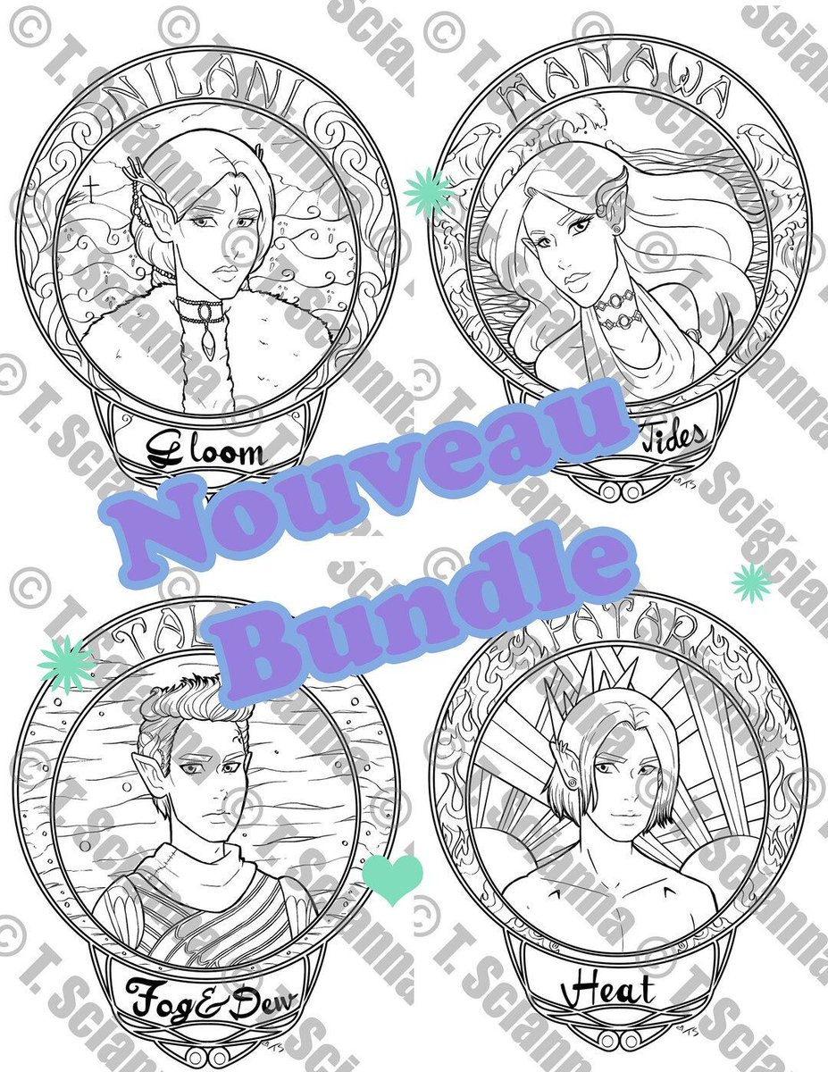 The second half of the nouveau coloring pages all bundled up for your convenience. The last four elemental Gods, the children of Nature and Time <3 Each with their unique backgrounds and designs! 

#coloringpage #art #nouveau