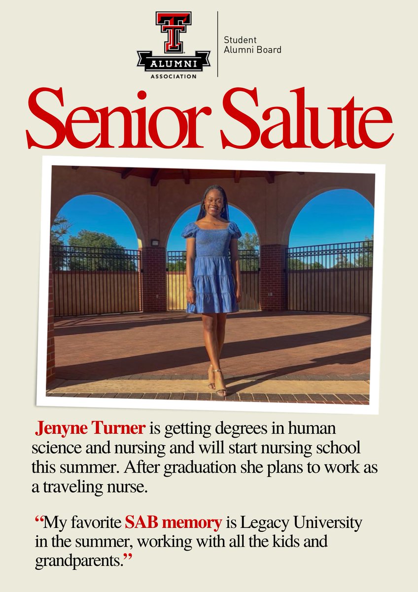 We continue to celebrate the graduating members of the Student Alumni Board and today's Senior Salute honors Jenyne Turner from Houston. Jenyne, we'll miss you! You're going to be an outstanding nurse and we can't wait to see you accomplish great things! You're forever #OneOfUs!