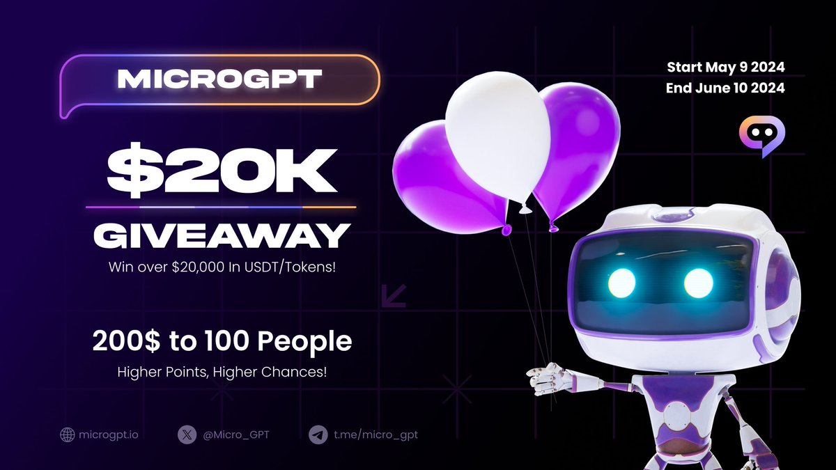MicroGPT $20,000 DOLLAR GIVEAWAY! 

Join our #sweepwidget to participate in the #giveaway!
🚨⬇️DONT MISS IT⬇️🚨

sweepwidget.com/c/80525-m3rvap…

Join and tag 3 friends with #MicroGPT for higher chances of winning!

#AirdropCrypto #AirdropAlert #GiveawayAlert