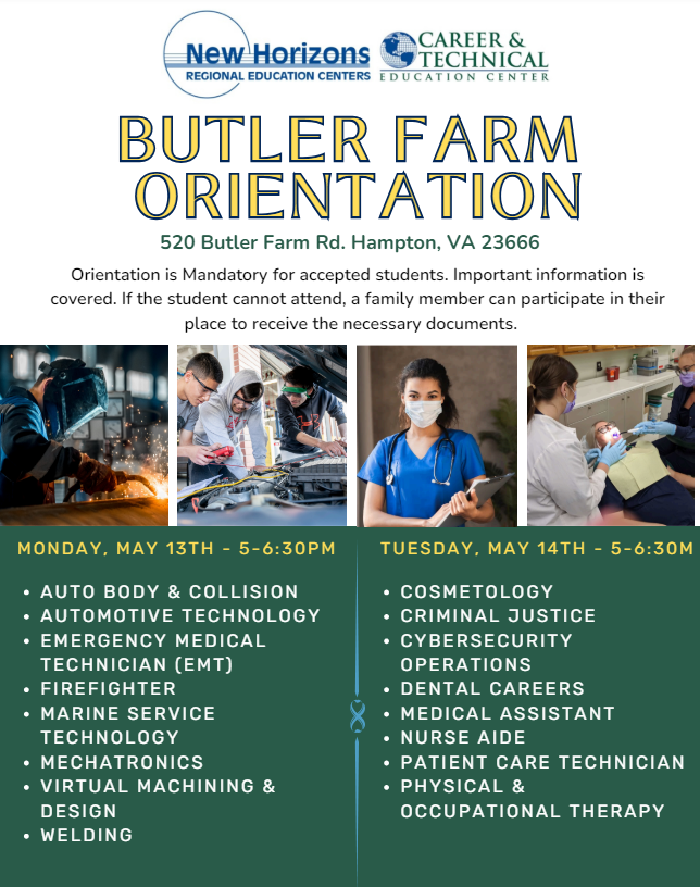 Mark your calendar! Orientation is next week. We look forward to meeting our new students and families! #NHRECCTE #NewHorizonsCTE
#LeadBoldly #WeAreNewHorizons
@NHREC_VA