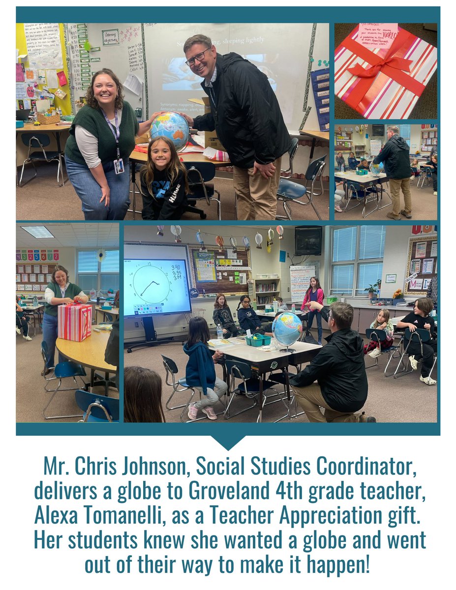 If your teacher needs a globe, you use Teacher Appreciation Week to deliver her a globe! 🌎 Thanks to Chris Johnson for delivering a shiny new globe to Miss Tomanelli and her 4th grade class at @CBGrovelandEl! #cbsdproud #TeacherAppreciationWeek