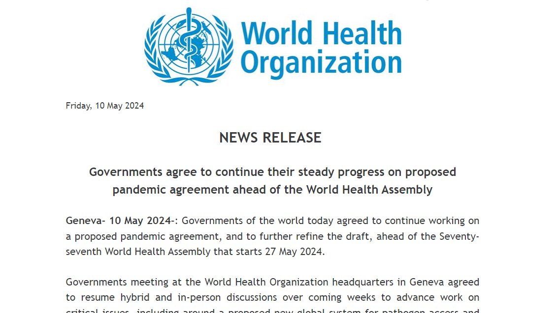 NEW ‼️ Governments agree to continue their steady progress on proposed pandemic agreement ahead of the #WHA77 via @WHO. …epartmentofcommunications.cmail20.com/t/d-e-etriln-t…