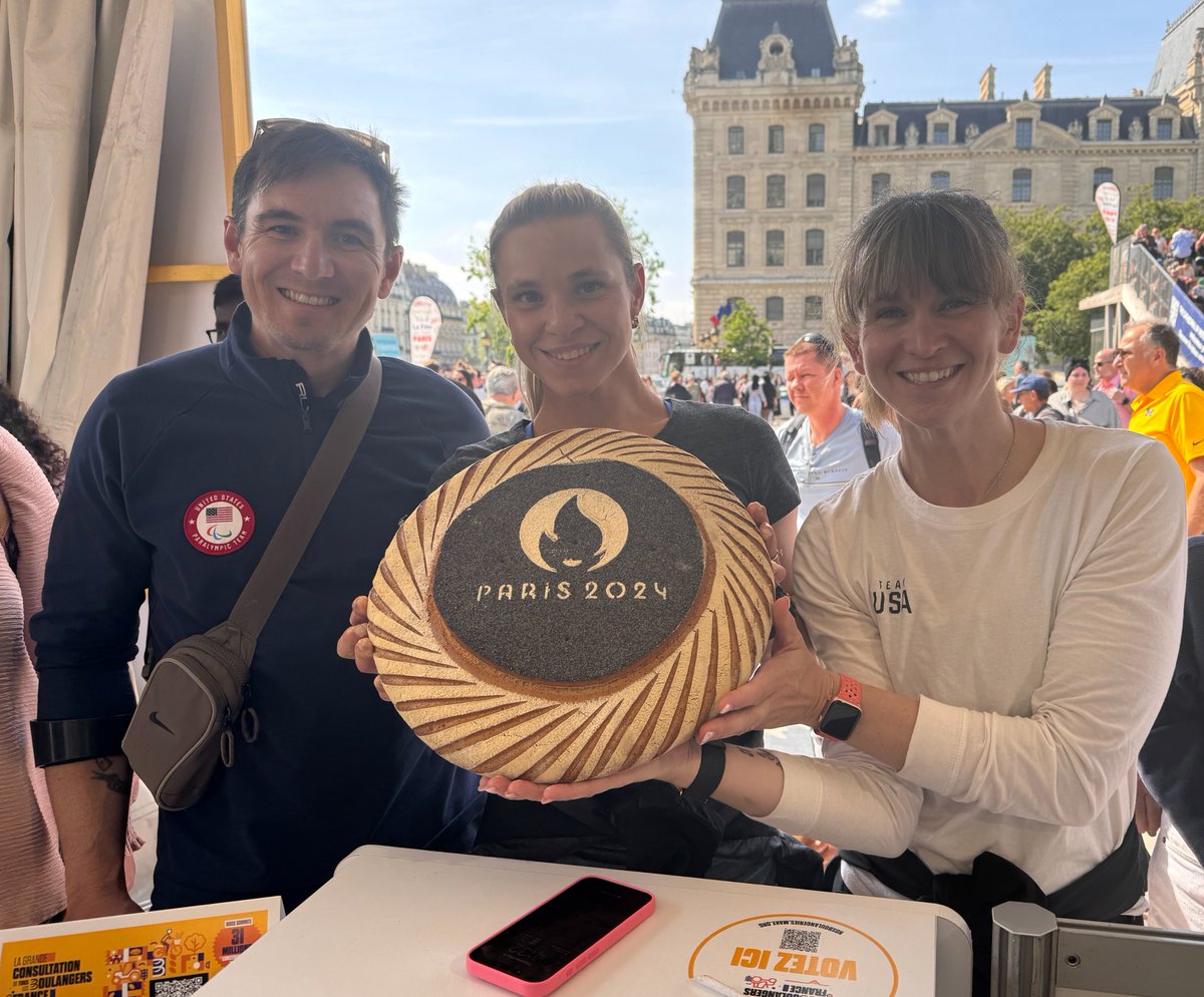 When in Paris, do as the Parisians do 🥖 Sam Bosco, Oksana Masters and Dennis Connors found some appropriately themed bread while the team scouts the #Paris2024 course this week!