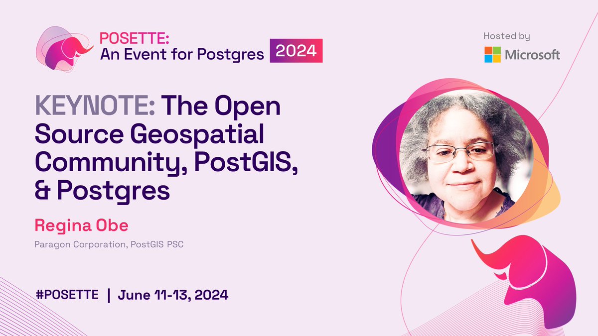 Have you seen the #PosetteConf schedule yet? With all the great #PostgreSQL talks, including our 4 keynote speakers💥

@reginaobe is our Keynote Speaker for Livestream 2 on🗓️ June 12, 2024

Topic: The Open Source Geospatial Community, PostGIS, & Postgres🐘
aka.ms/posette-schedu…
