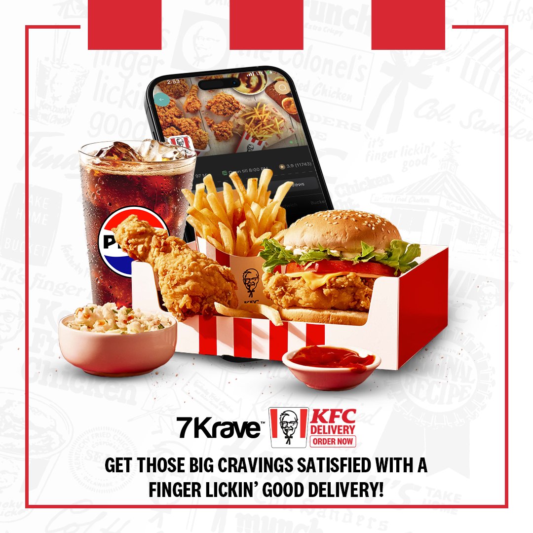 kfcjamaica's tweet photo. Get that finger lickin’ good flavour delivered to you with EASE with @7kraveja!
Head to the app, select your favourite KFC meals and sit back and let the flavour you crave come to you!
#KFC #KFCJamaica #KFCCravings #KFCDelivery #KFCLunchtime https://t.co/1dtlB7eMNa