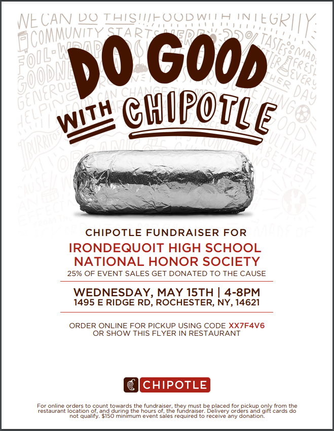 🌮WEDNESDAY! Get your guac with dinner at Chipotle, 1495 E. Ridge Road. Mention IHS National Honor Society to your cashier so a portion of the poceeds help the NHS! You also can show the cashier a digital image or print of the flyer. Ordering online? You must use the promo code!