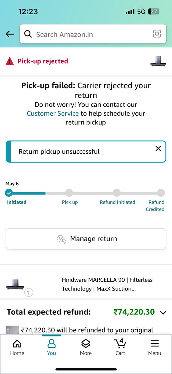 _shubhamdev's tweet photo. 1. Hey @amazonIN placed a return for a defective large appliance, but no pickup despite multiple requests &amp; calls. Now told it's my problem. Help! #CustomerServiceFail #Fraud https://t.co/0HhN6df794