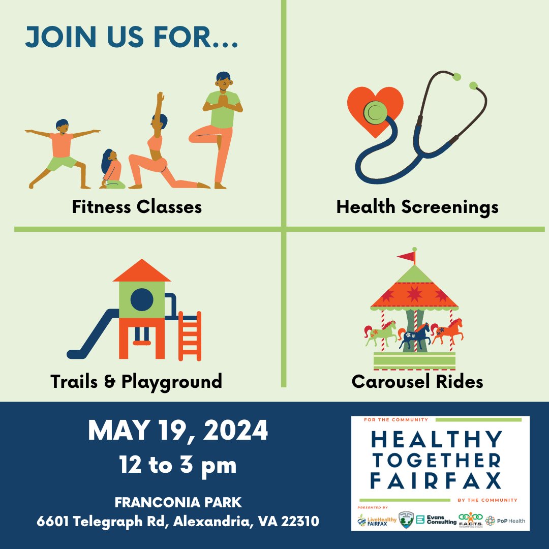 #HealthyTogetherFairfax – on Sunday May 19, 12-3 pm, at Franconia Park – is a fun, FREE, interactive community event featuring several awesome tracks, including the physical, environmental, social, and emotional wellness tracks! See details: bit.ly/47uUVGP.