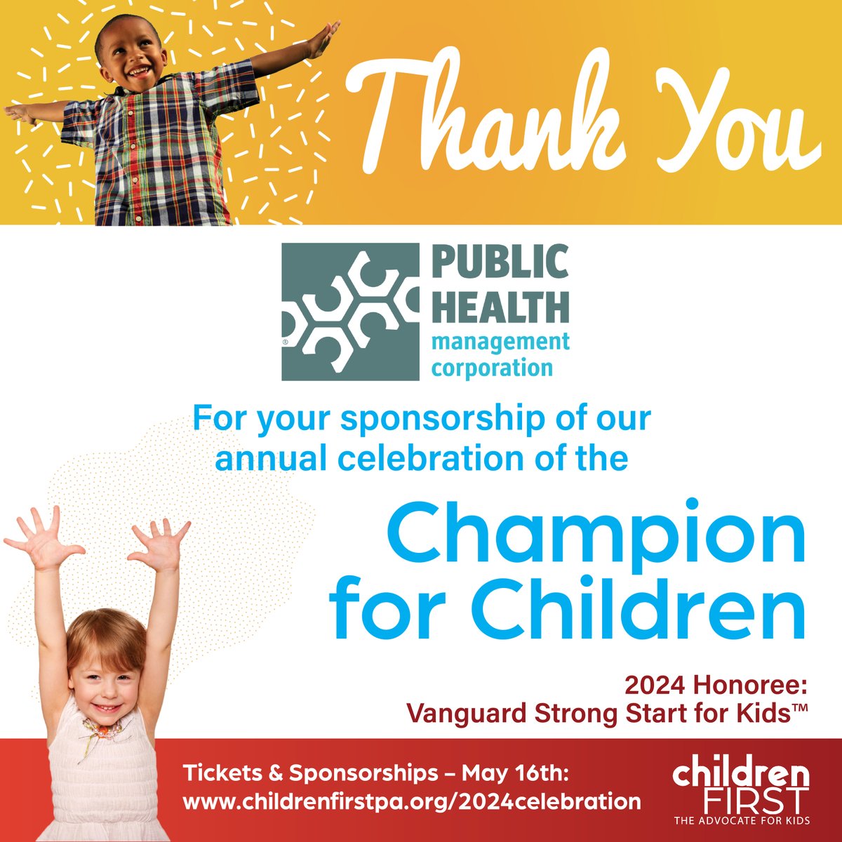 Thanks to @PHMCtweets for their commitment to children's well-being & their sponsorship. Looking forward to Thursday's celebration - everyone is invited! Get your ticket at childrenfirstpa.org/2024celebration. #ChampionforChildren #ChampionsforChildren #childhealth #childwellbeing