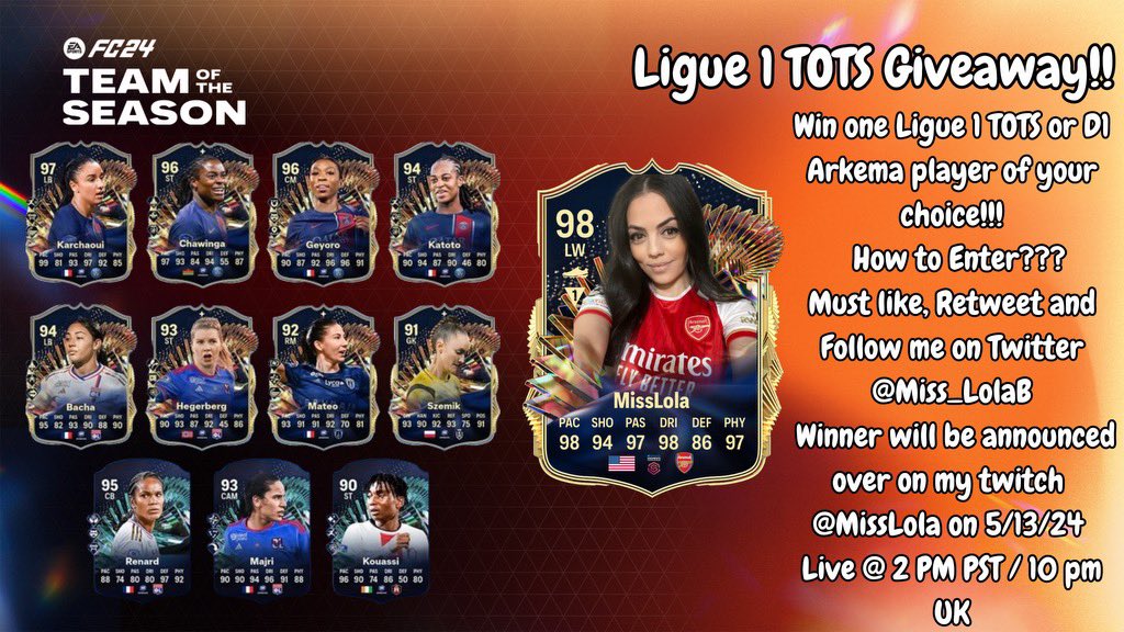 💥ITS OFFICIAL! LIGUE 1/ D1 ARKEMA TOTS GIVEAWAY💥

Win 1 TOTS item from the current release to add to your team thanks to @EASPORTSFC !

TO ENTER:
- Like and RT this tweet
- Follow @Miss_LolaB 

#SponsoredByEA