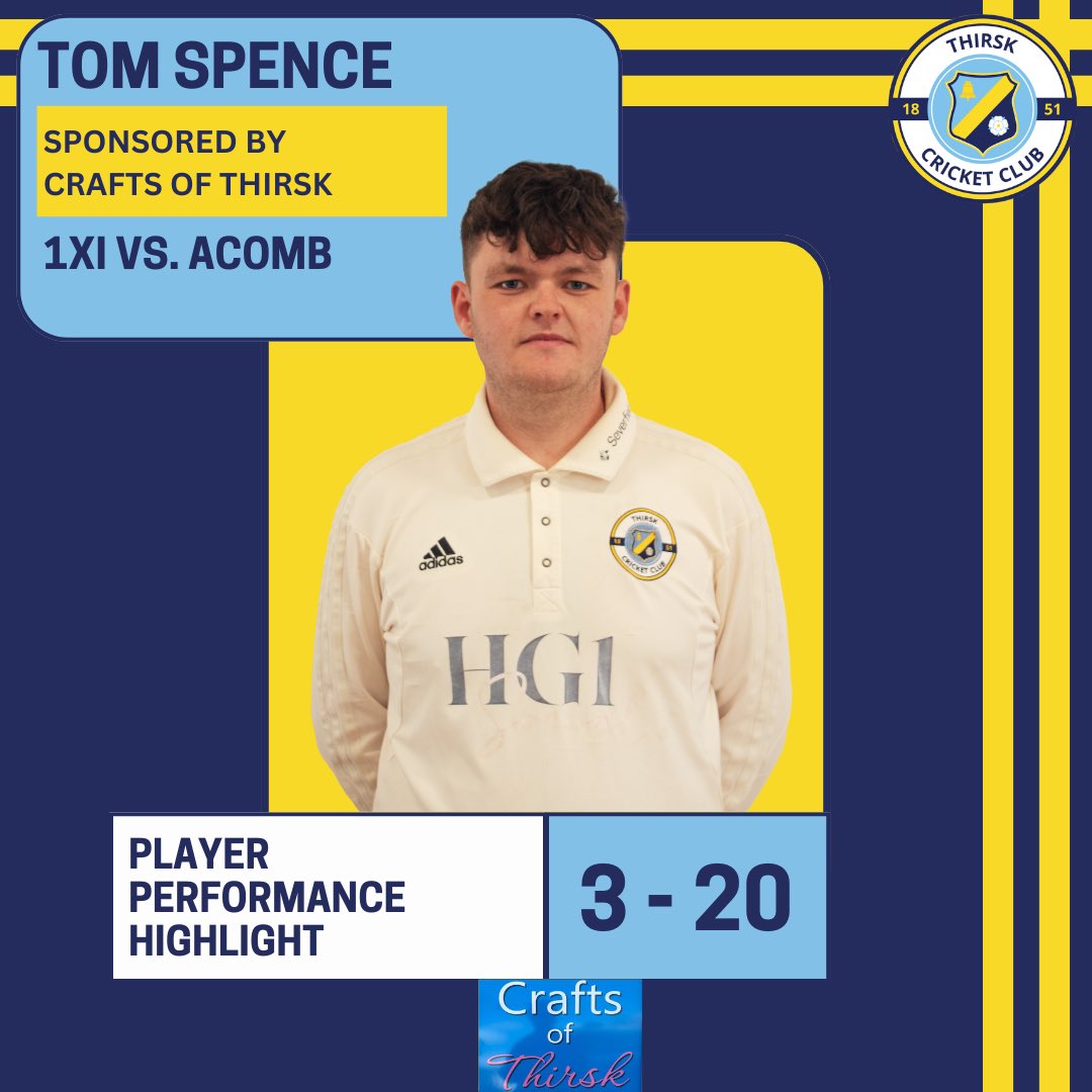 Another highlight was Tom Spence (sponsored by @craftsofthirsk ) taking 3 wickets in our close game against Acomb last Saturday! #wearethirsk #thirskcc #yorkshirecricket #cricket