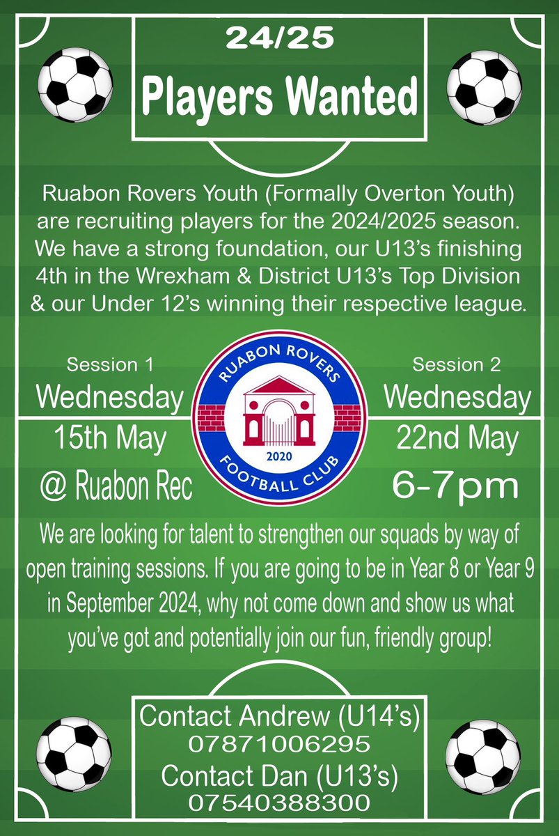 YOUTH FOOTBALL Both the U13s and U14s sides are looking for players for the 2024/25 season. Why not come along and have a go at open sessions. Wednesday 15th May Wednesday 22nd May 6-7 pm at the Rec Contact details attached. #OurVillageOurTeam