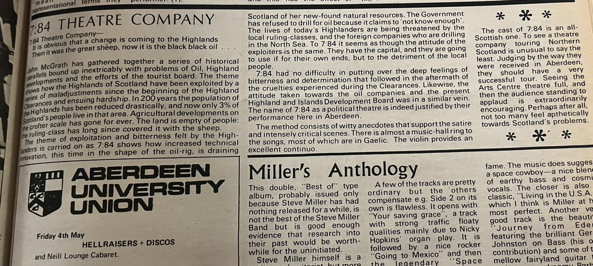 Digging around in the UoA archives turned up some fun things, including the Gaudie’s review for The Cheviot, the Stag and the Black, Black Oil premiere at the Arts Centre. “Judging by the way they were received in Aberdeen, they should have a very successful tour”.