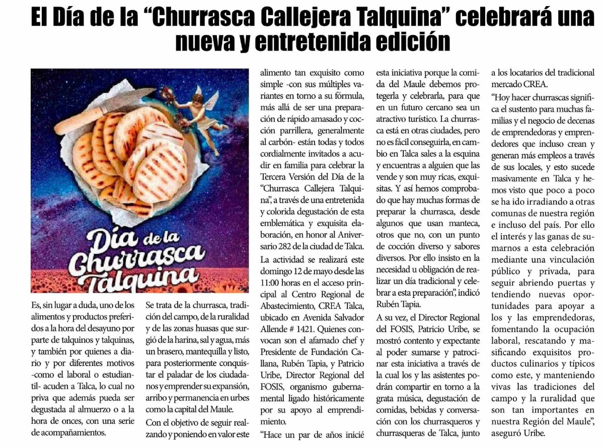 ¿Sabían que en #Talca se celebra el “Día de la Churrasca Callejera Talquina”? Esta actividad del @FOSIS_Maule  y Fundación Callana se realizará por tercera vez en la ciudad el próximo domingo 12 de mayo. ¡Te esperamos!