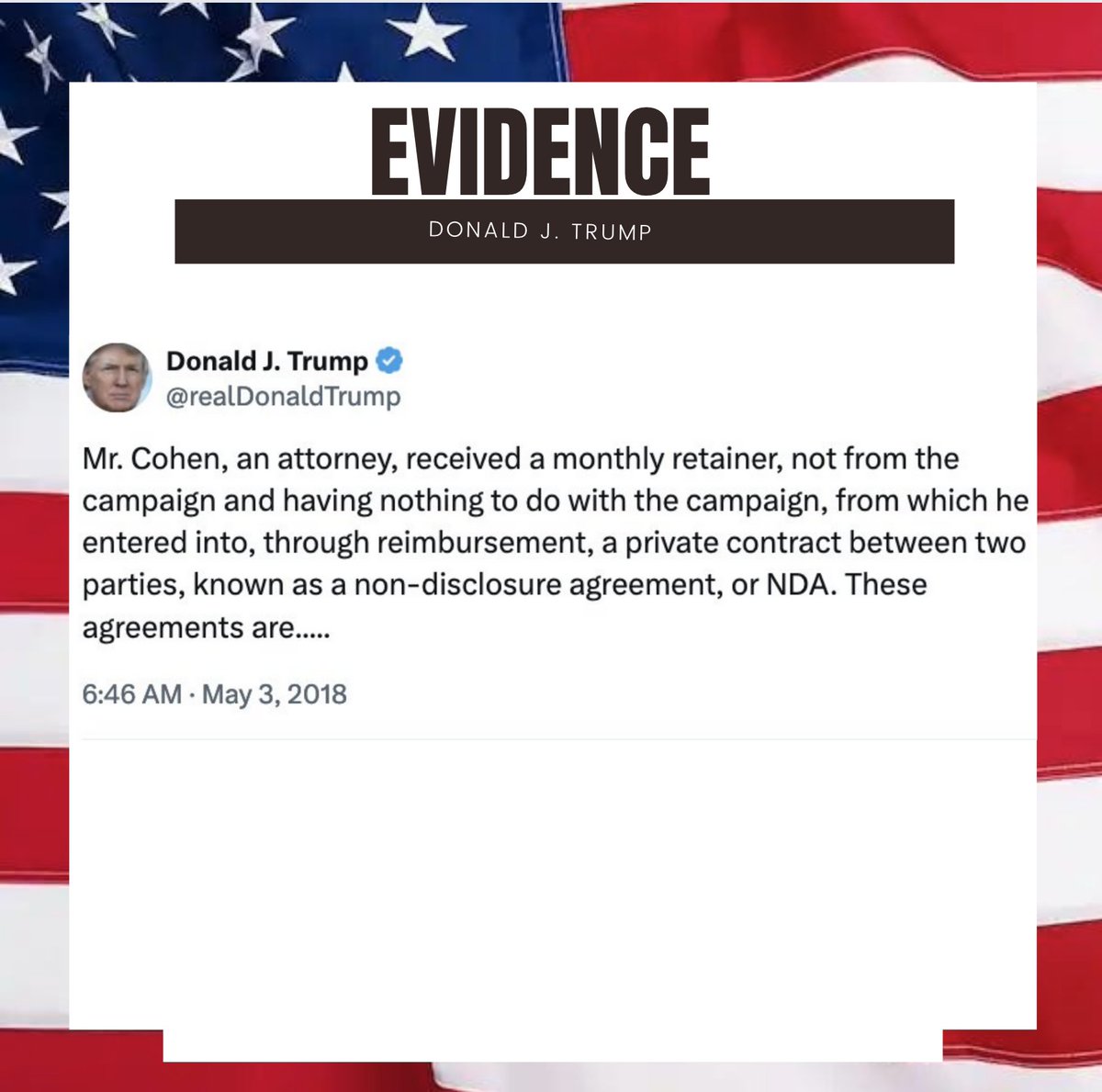 BREAKING: Trump’s Lawyers Don’t want this Tweet seen in the Hush Money case, claiming he made it as president and it should be immune from being seen by the jury… The reason they don’t want it seen is because it shows that he admitted to paying Michael Cohen a retainer.…