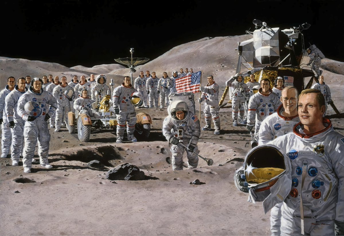 A shared dream of reaching the moon united the Apollo astronauts in a massive team effort. In this painting, published in 1973, artist Pierre Mion imagines them reunited them at a moonlike training site. forallmankind.de contactlight.de