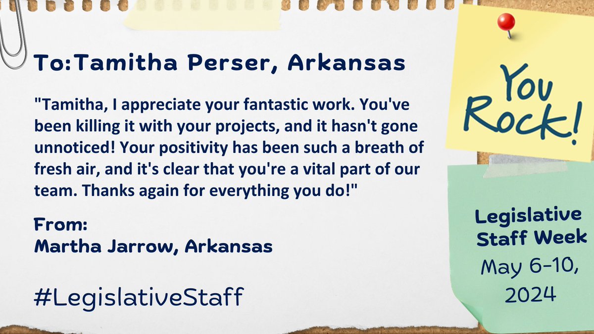 As part of NCSL's #LegislativeStaff Week, we are selecting a few 'shoutouts' to spotlight each day. Here's a shoutout for Tamitha Perser in the Arkansas General Assembly! Have someone in mind for a 'shoutout'? Today is the last day to submit ➡️ bit.ly/3wf0r2K #ARleg