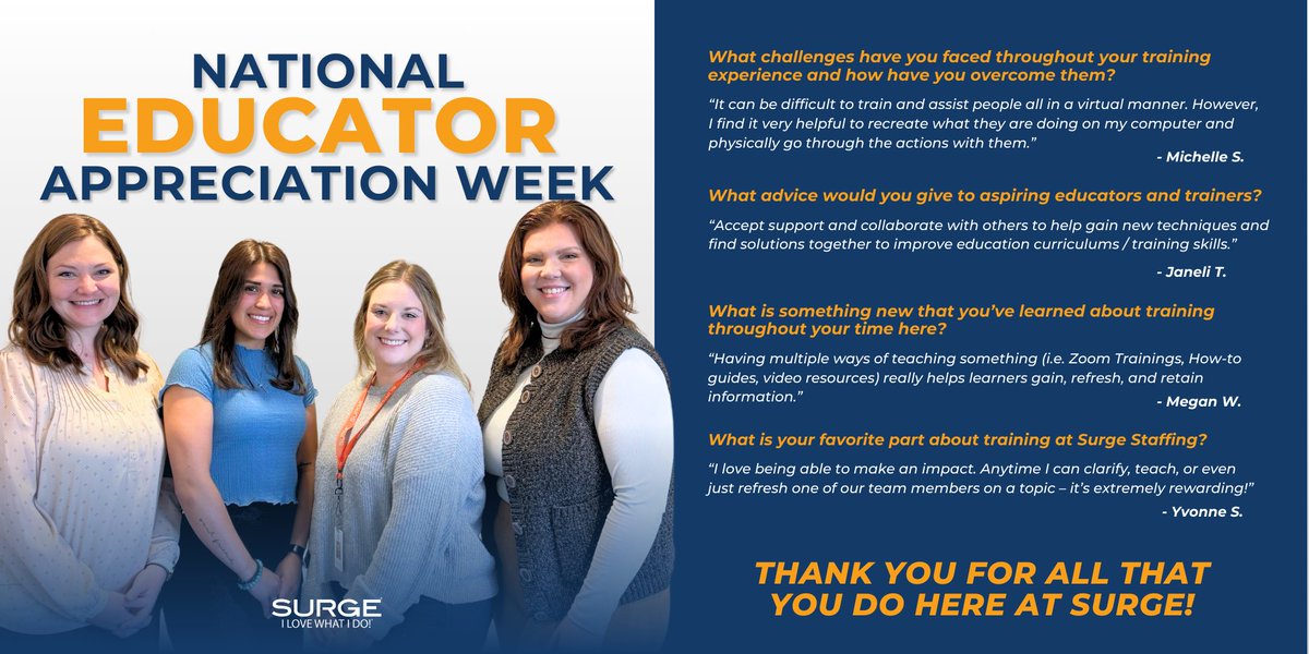 🍎 We are Celebrating National Educators Week with our incredible training department! 📚

Thank you for your dedication to shaping the future of Surge!

#SurgeStaffing #ILoveWhatIDo #NationalEducatorsWeek #EmpoweringEducator #TotalWorkforceSolutions #StaffingSolutions