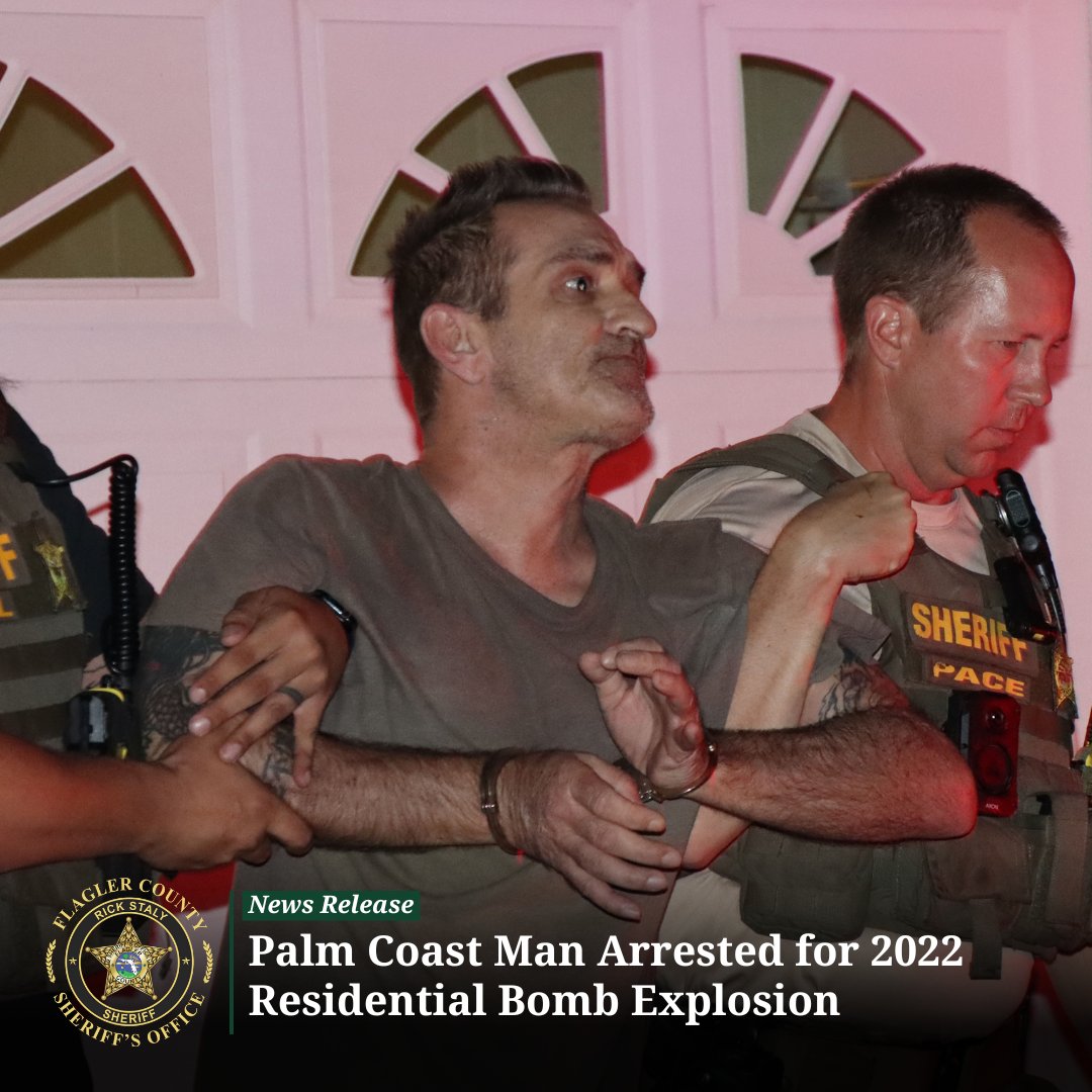 On May 9 at approximately 10 p.m., the Flagler County Sheriff’s Office arrested a Palm Coast man at his residence on Bronson Lane. He is accused of creating a pipe bomb that exploded outside a home on Poppy Lane in January 2022. FULL STORY: bit.ly/4bdVc2j