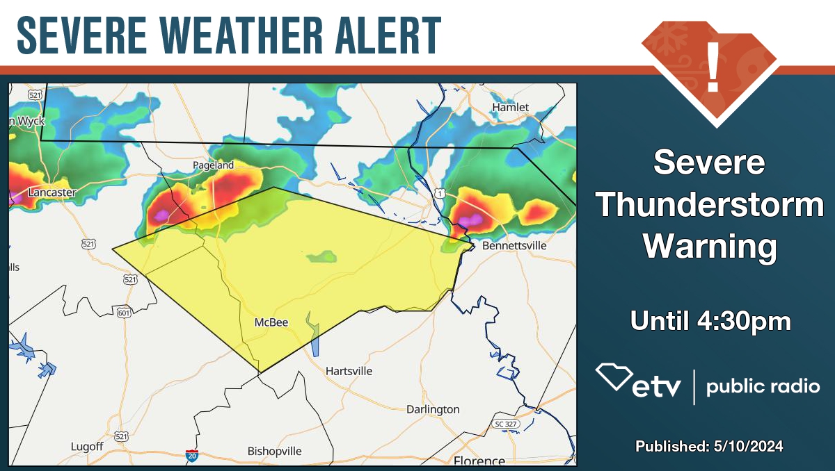 Severe Thunderstorm Warning for Chesterfield, Kershaw, and Lancaster County until 4:30pm. Details at bit.ly/427ZNyo #SCWX