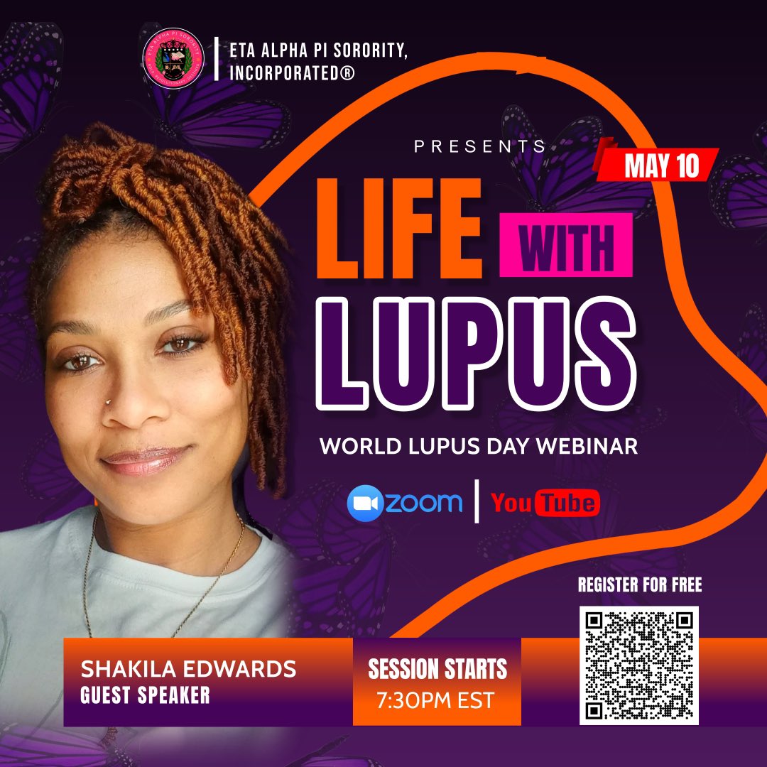 ⏱️💥 TONIGHT: World Lupus Day Webinar 💜🌎 with Special Guest Speaker Shakila Edward!Don't miss out on this insightful event! 🎉

#WorldLupusDay #Webinar #EtaAlphaPi2015 #TheBibleBasedSorority #speakingengagement #guestspeaker #lupus #livingwithlupus