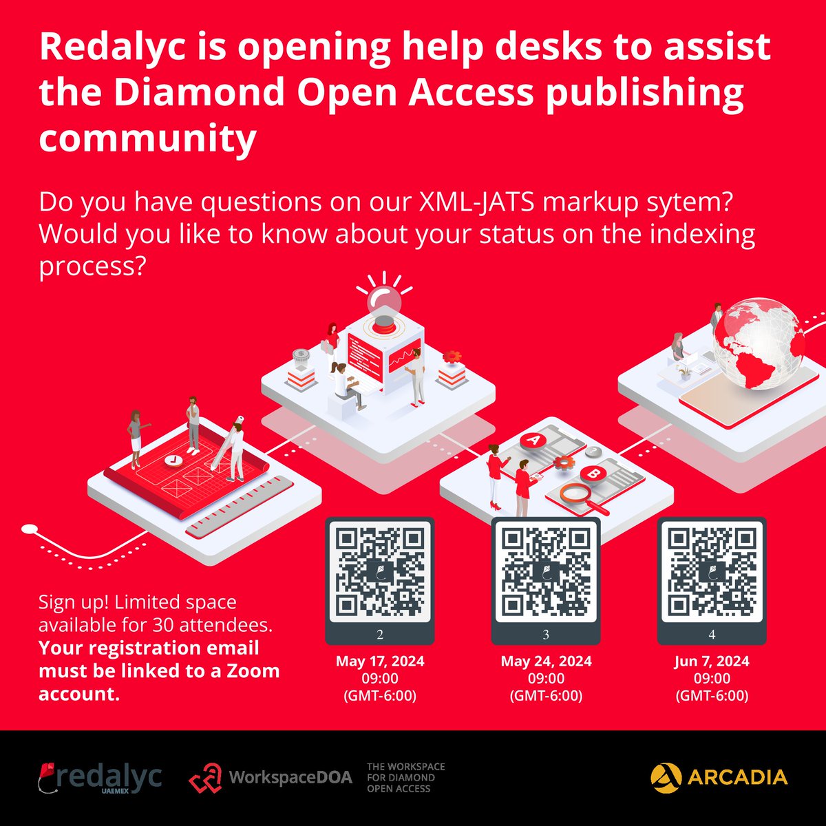 ⭕️ Editorial community of Journals Indexed in @Redalyc @UAEM_MX. Your work is our priority! ✨
We share upcoming dates for 'Help desk to assist the #DiamondOA publishing community'.  
We suggest you register in advance as spots are limited. 👥🗓️