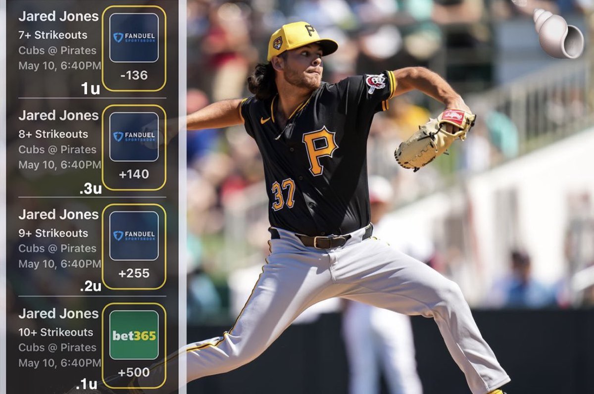 BettingShell's tweet photo. MLB Ks Ladder 🧗🐚
Looking for Jared Jones to continue his excellence, with Paul Skenes starting tomorrow the Pirates young bullpen is 🔥
#GamblingX #MLB #JaredJones https://t.co/unQCwQOw2Y