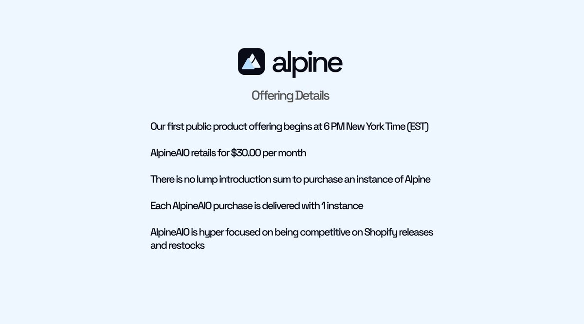 AlpineAIO’s first public offering goes live in under 3 hours.

Our offering details are listed below.

An account on our website is necessary to purchase an instance of AlpineAIO.

alpineaio.com