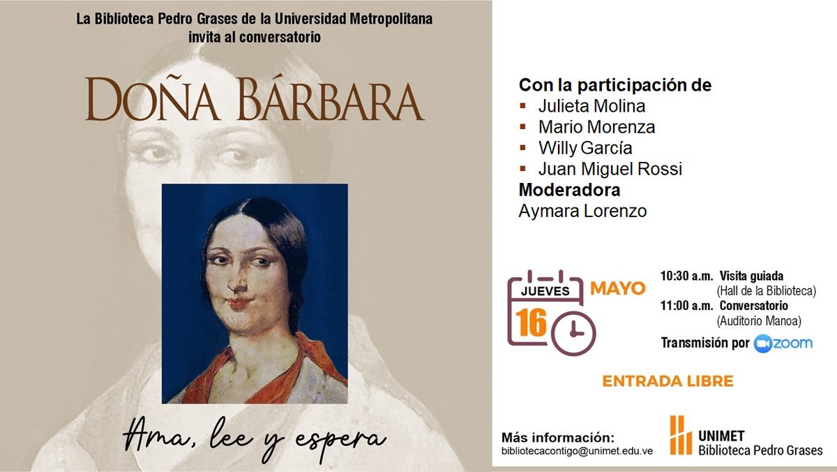 Este jueves #16Mayo celebramos con Doña Bárbara.
En ocasión del Día del Libro hacemos un homenaje a Rómulo Gallegos y su obra
<a href="/SarrapiaEd/">Sarrapia Ediciones</a> <a href="/MarioMorenza/">Mario Morenza</a> <a href="/aymaralorenzo/">Aymara Lorenzo</a>