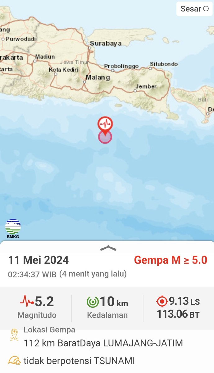 infomitigasi's tweet image. Info Gempa Mag:5.2, 11-Mei-24 02:34:37 WIB, Lok:9.13 LS, 113.06 BT (112 km BaratDaya LUMAJANG-JATIM), Kedlmn:10 Km ::BMKG inatews.bmkg.go.id