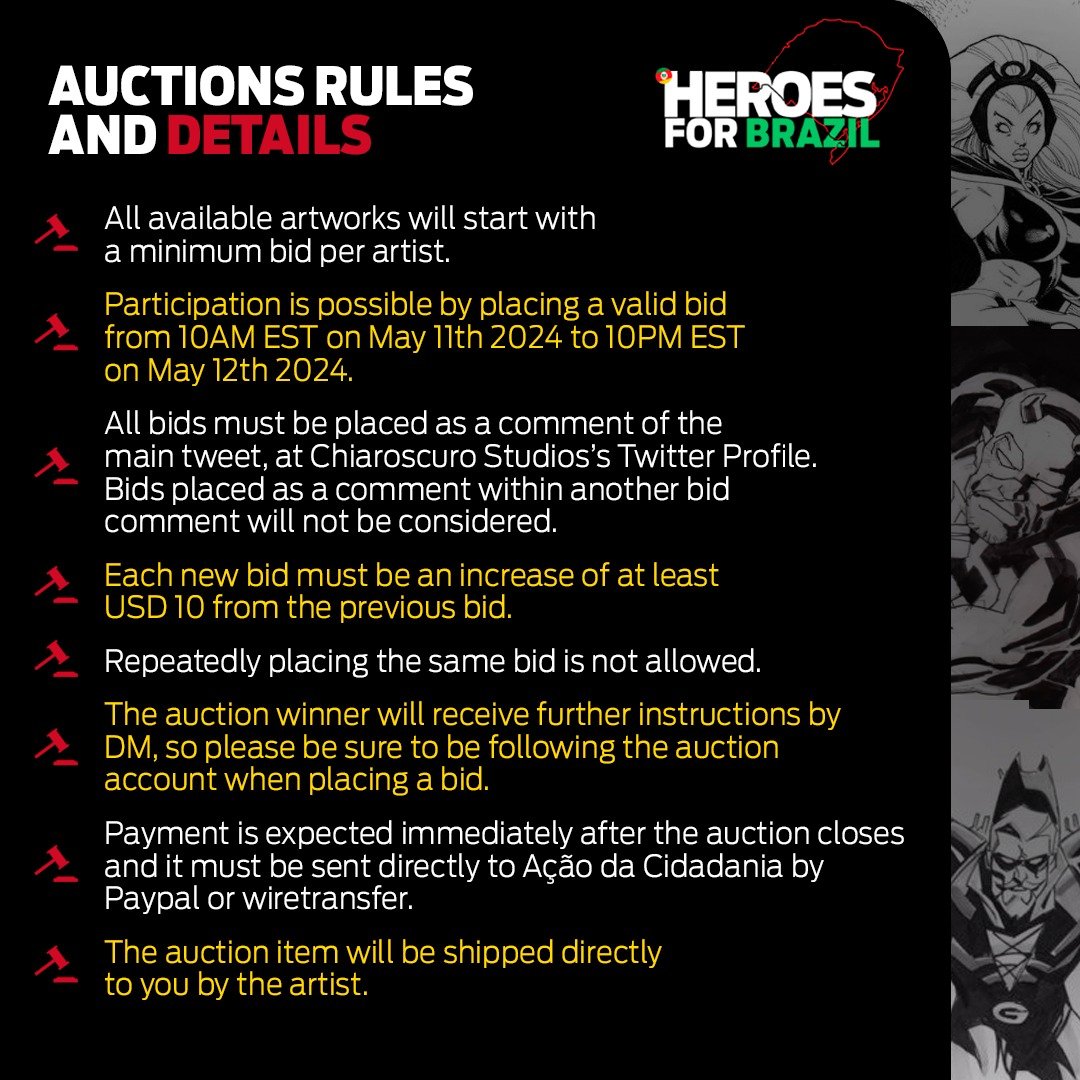 A special fundraiser with legendary comic book creators, in support of Rio Grande do Sul - Brazil, will take place this Saturday, May 11th, from 10 AM EST to Sunday, May 12th, 10 PM EST. You can place your bids at Chiaroscuro Studios' Twitter profile - x.com/chiaroscuro_ofc