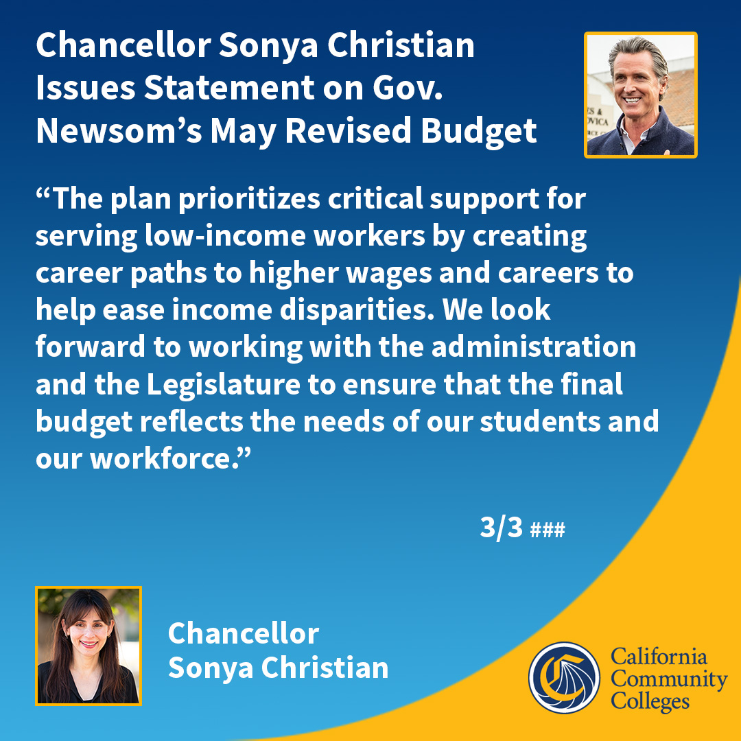 MEDIA STATEMENT: @CalCommColleges Chancellor Sonya Christian Issues Statement on Gov. Newsom’s May Revised Budget. READ: bit.ly/3JTZQGG @CAgovernor @sonyachristian #CABudget #MayRevise