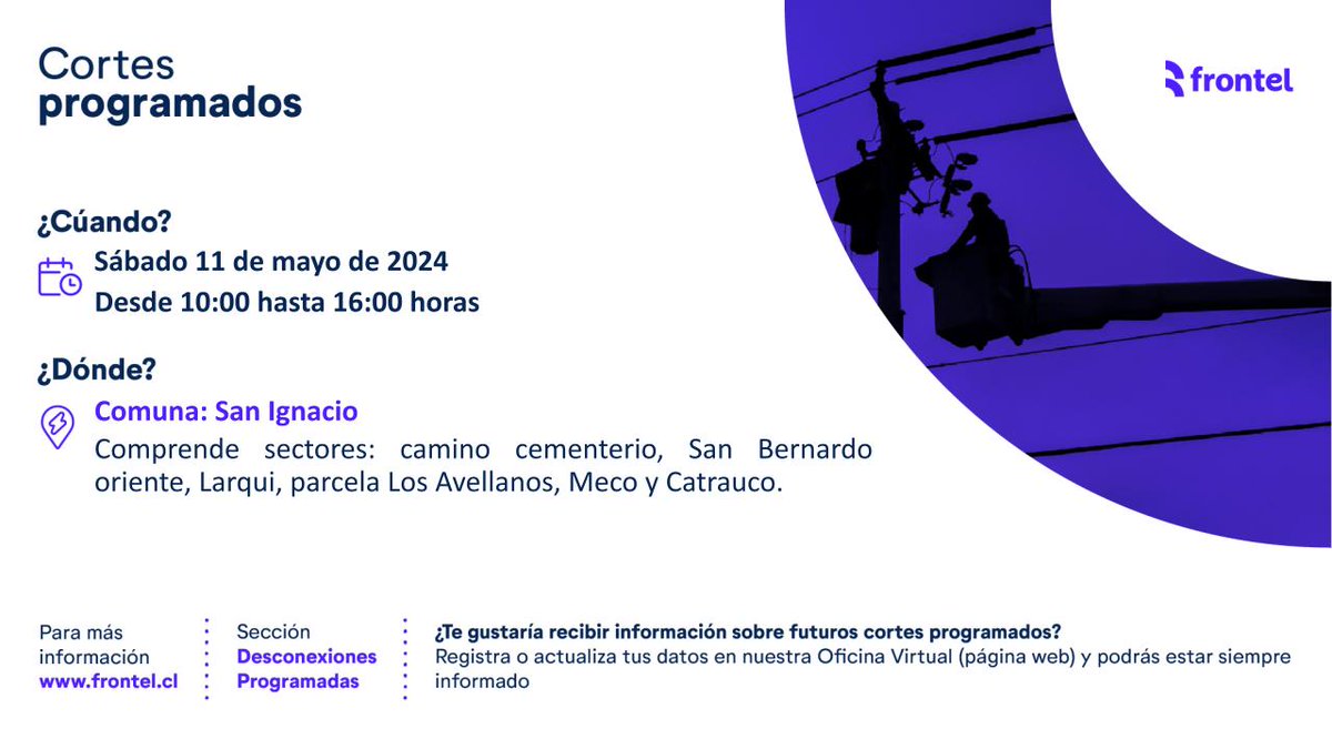 ¡Atención vecinos de #SanIgnacio! Les recordamos que el sábado 11 de mayo de 2024 se realizará un #CorteProgramado en sectores camino cementerio, San Bernardo Oriente, Ladqui y aledaños. Lamentamos los inconvenientes, estamos trabajando para darte el mejor servicio.