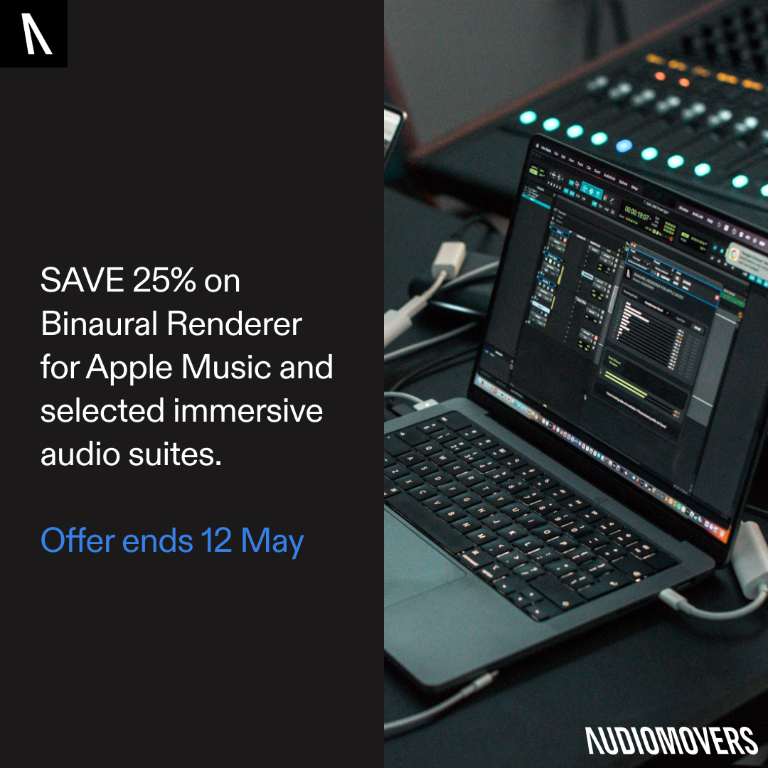 SAVE 25% on Binaural Renderer for Apple Music and selected immersive audio suites -  offer ends on 12 May. 

Learn more: tinyurl.com/2stpjmsm

#Audiomovers #Mixing #immersiveaudio #proaudio #atmos #streaming #DolbyAtmos