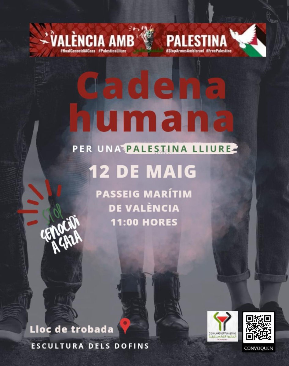 Diumenge, 12 de maig, hi serem a #València a la cadena humana per una #Palestina lliure i socialista. Cap agressió sense resposta! #SpainIsAFascistState Fora espanyols de Catalunya! Fora sionistes de Palestina!
