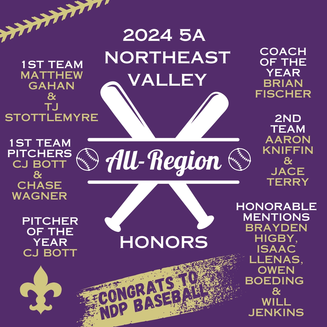 The AIA released their list of 5A Northeast Valley Baseball All-Region honors for the 2024 season, and NDP Varsity Baseball is all over it. Way to go, Saints! #GoSaints #reverencerespectresponsibility