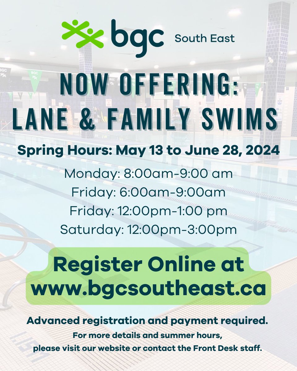 We are now offering Lane and Family Swims in response to the request of users of the BGC West End Community Centre pool, who have been affected by the City’s cancellation of pool hours! Effective Monday, May 13th. For more details & registration, please visit our website! 🏊